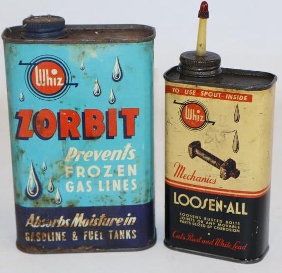 Group of 2 Whiz Zorbit, and Loosen-All Advertising Cans: Largest is 16oz.