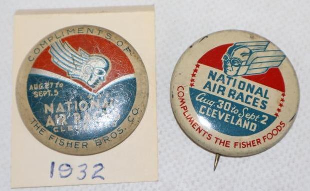 Group of 2 1932 Cleveland National Air Race Pin Back Badges: 1.25" x 1.25" each