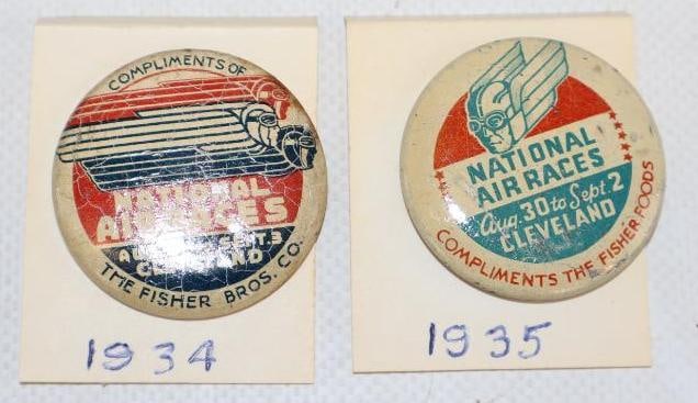 Group of 2 1934 and 35 Cleveland National Air Race Pin Back Badges: 1.25" x 1.25" each