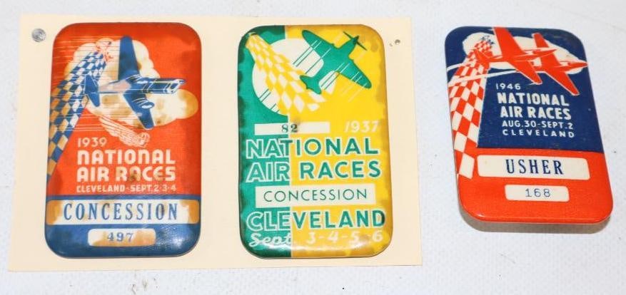 Group of 3 1937, 39, 46 Cleveland National Air Race Concession, and Usher Pin Back Badges: 1.5" x 2.75" each