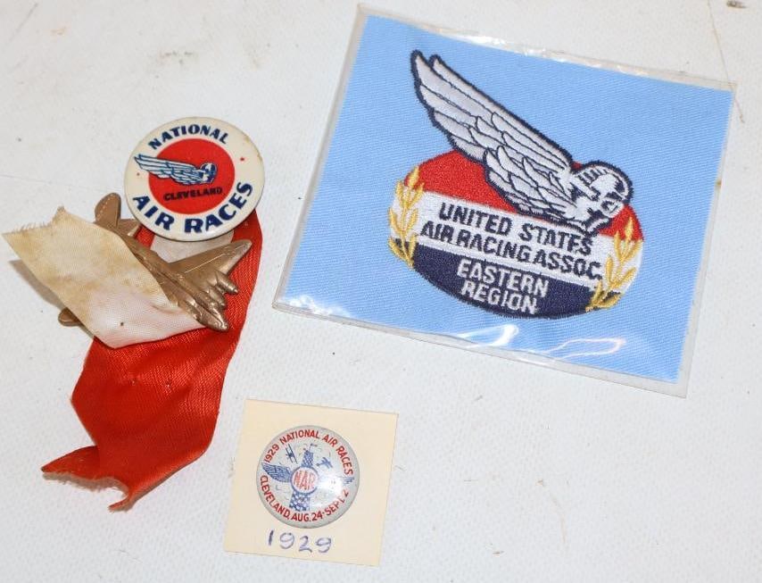 Group of 3 1920/30's Cleveland National Air Race Pin Back Badges and Embroidered Patch: Largest is 4" x 3.5"