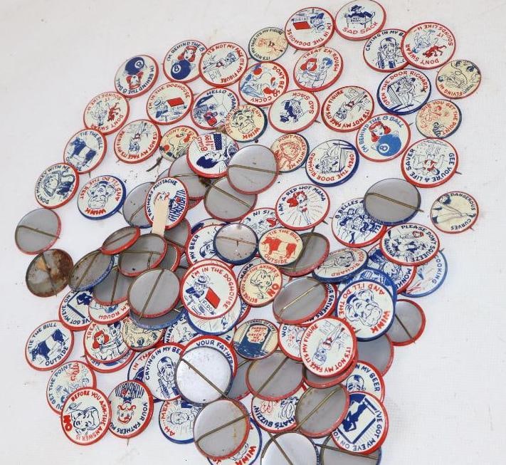 Group of 120 1950's Novelty Pin Back Badges: 1.25" x 1.25" each