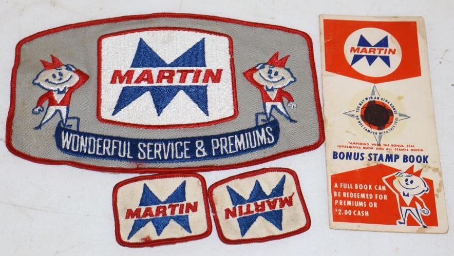 Group of 4 Martin Oil Company Advertising Patches and Bonus Stamp Book: Largest is 8.25" x 5"
