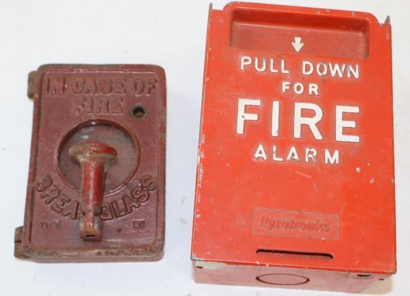 Group of 2 In Case of Fire Break Glass and Pull Down Fire Alarms: largest 4" x 5" x 3"