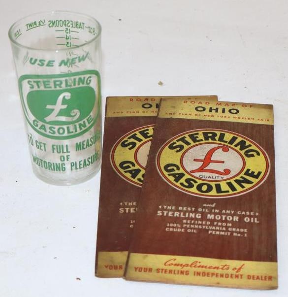 Group of 3 Sterling Gasoline Road Maps and Advertising Drinking Glass (1 of 3)