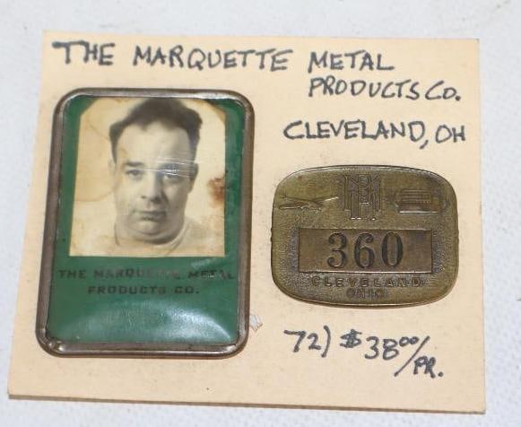 Group of 2 Marquet Metal Products Company Employee Pin Back Badges: Largest is 1.75" x 2.25"