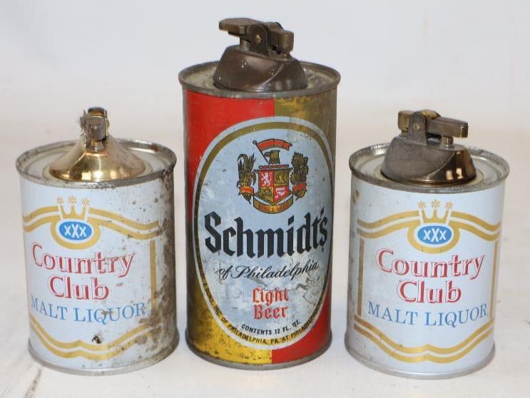 Group of 3 Country Club Malt Liquor and Schmidt's Light Beer Advertising Table Top Lighters (1 of 2)