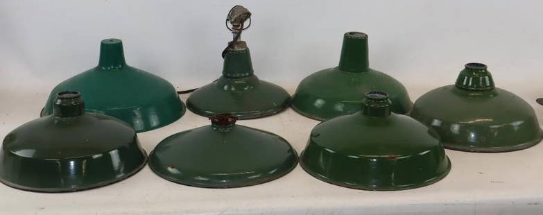 Group of 7 Green Porcelain Gas Station lamp Shades: Largest is 16" x 16" x 6.5"
