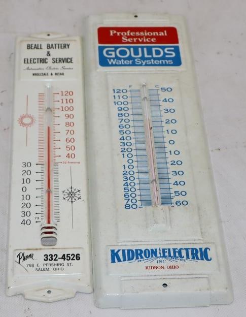 Group of 2 Beall Battery and Goulds Water Systems Advertising Thermometers: Largest is 4.5" x 14"