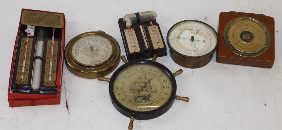 Group of 6 Different Advertising Barometers, and Thermometers: Largest is 8" x 8" x 1"
