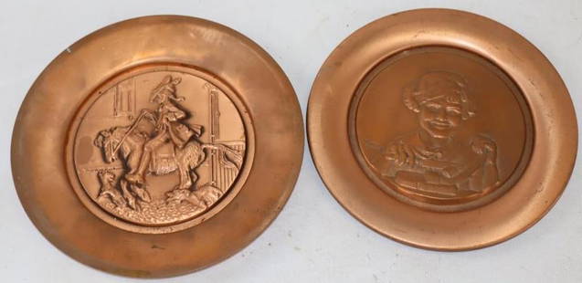 Group of 2 Norman Rockwell Brass Advertising Commemorative Plates: 8" x 8" x 0.5" each