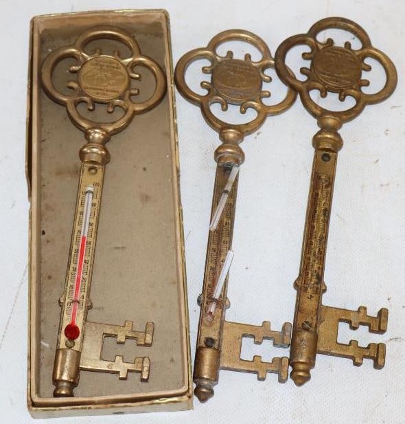 Group of 3 1936 Great Lakes Exposition Cleveland Key Shaped Thermometers: One is missing therm. One has broken therm. One is complete. 8.5" x 2" x 0.5" each