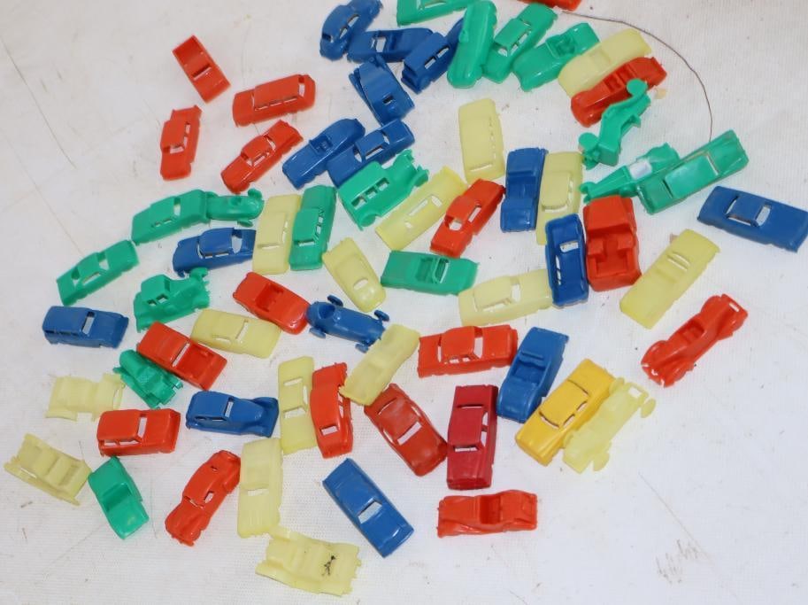 Group of 65 1960's Plastic Toy Cars: Largest is 2" x 1" x 0.5"