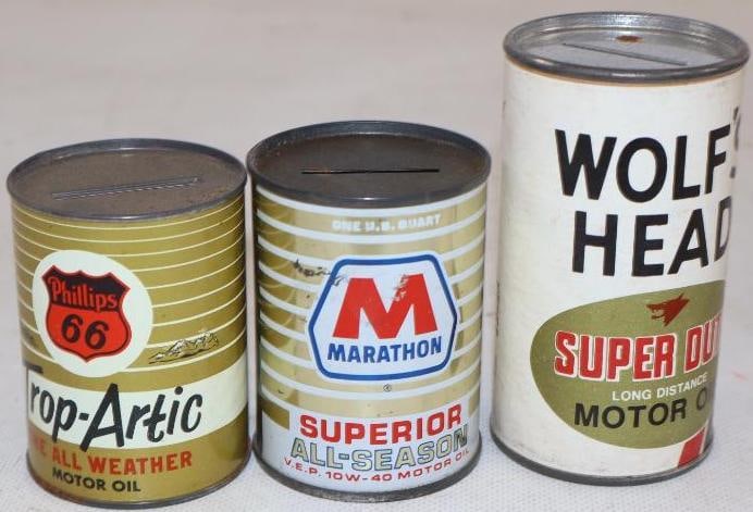 Group of 3 Wolf's Head, Marathon, and Phillips 66 Advertising Gas Station Coin Banks (1 of 2)