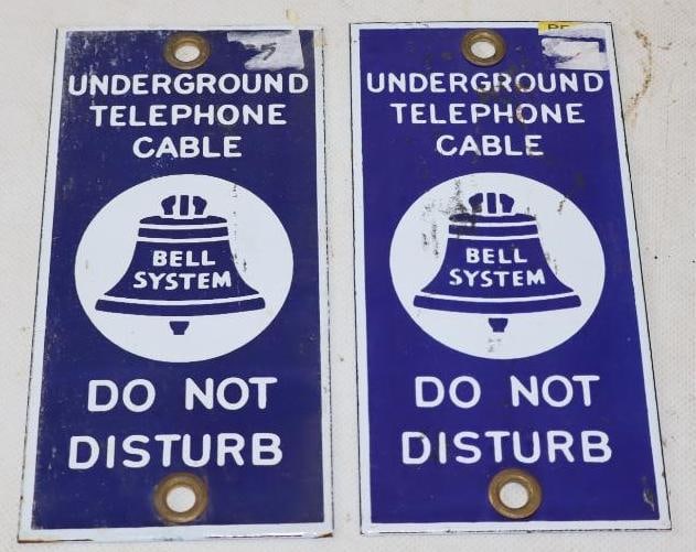 Group of 2 Underground Telephone Cable Do Not Disturb Bell System Single Sided Porcelain Warning (1 of 2)