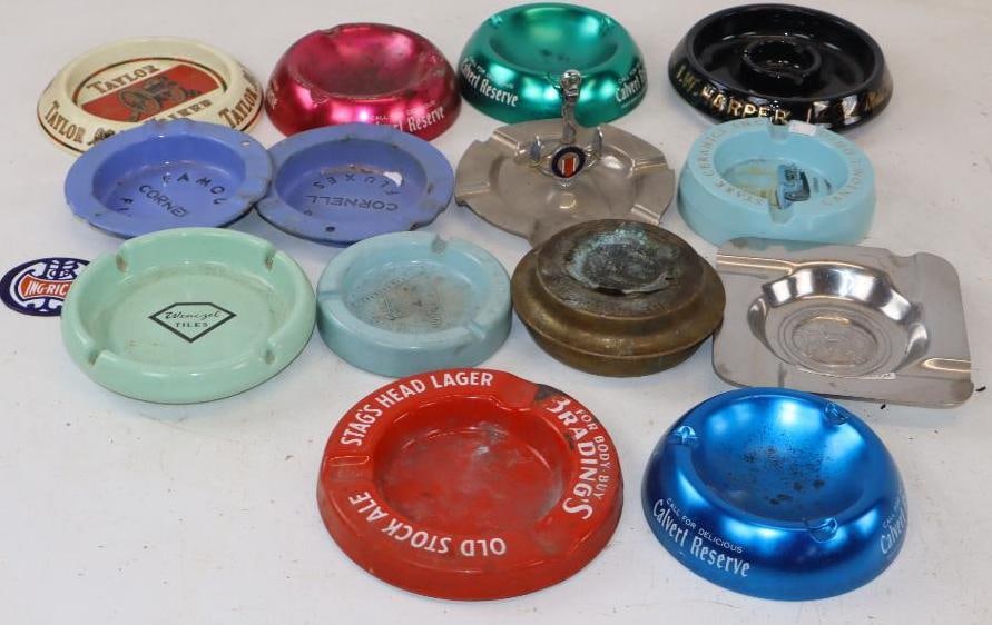 Group of 14 Aluminum Metal, Brass, Porcelain, and Ceramic Advertising Ash Trays: Largest is 6" x 6" x 1"