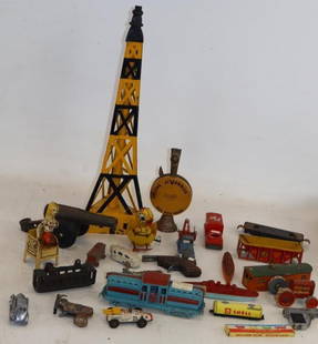 Group of 25 Toy Cars, Trains, and Tin Litho Toys: Largest is 20" x 5" x5"