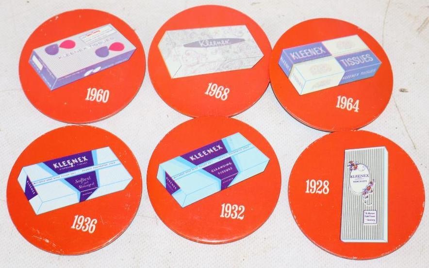Group of 6 1960's Kleenex Tissues Advertising Pin Back Badges: 3" x 3" each