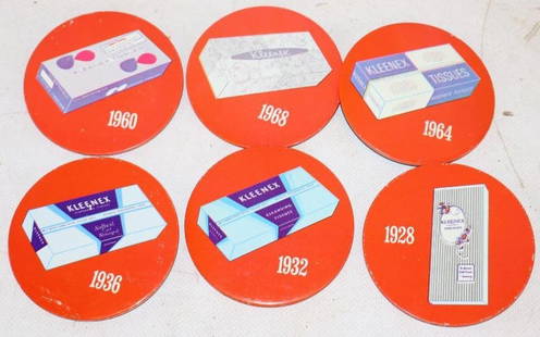 Group of 6 1960's Kleenex Tissues Advertising Pin Back Badges: 3" x 3" each