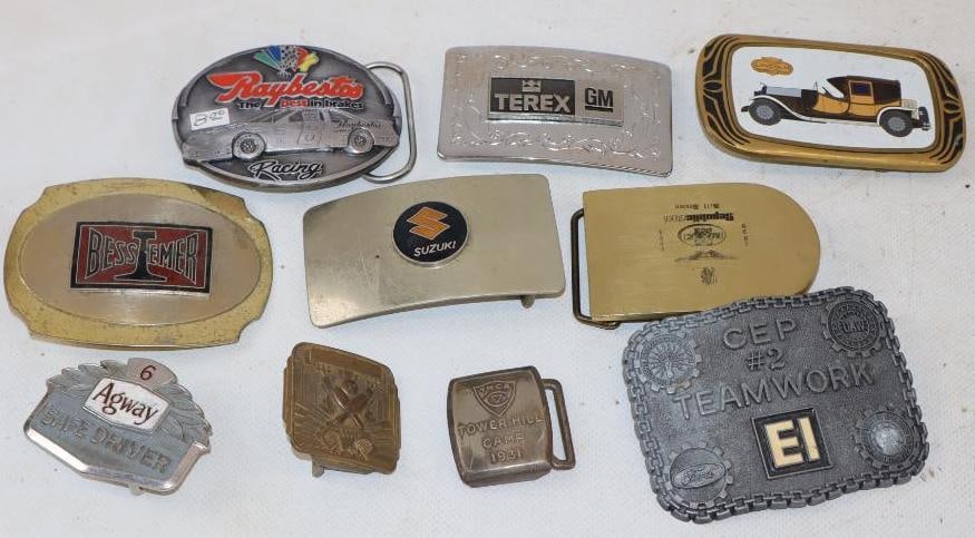 Group of 10 Advertising Belt Buckles: Largest is 2.5" x 3.5"