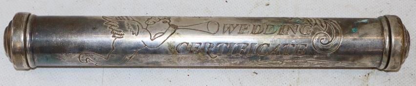 Unused Silver Engraved Wedding Certificate Scroll Container: 9" x 1" x 1"