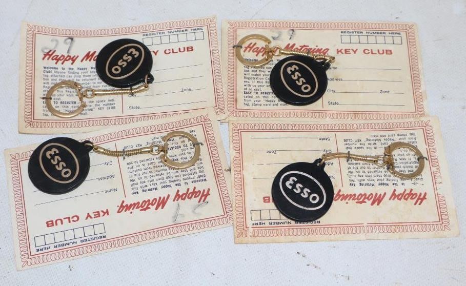 Group of 4 Esso Happy Motoring Key Club Key Chains on Original Postcards: 5" x 3" each