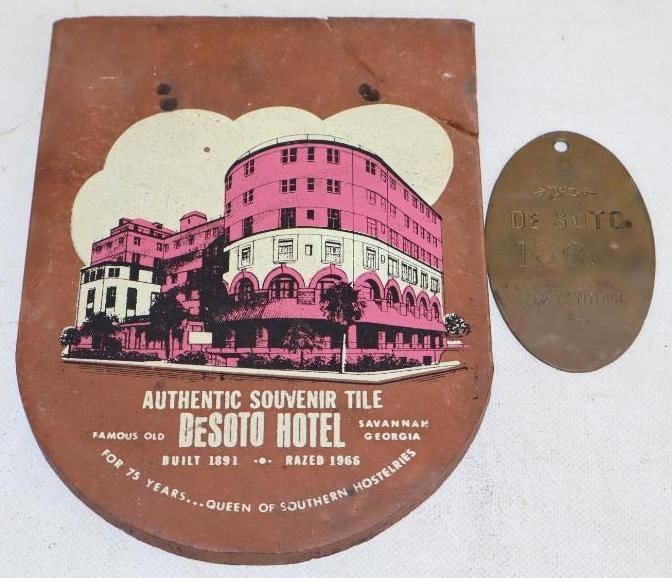 Group of 2 DeSoto Hotel Savanah Georgia Authentic Souvenir Tile, and Brass Keychain Tag (1 of 3)
