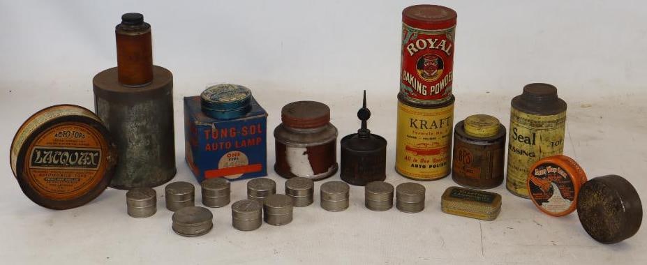 Group of 26 Household and Automotive Related Advertising Tins: Largest is 5.5" x 4" x 4"