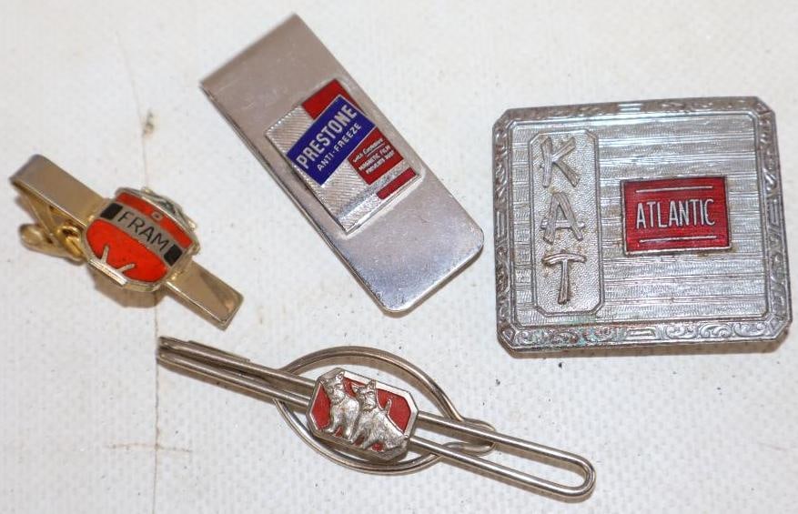 Group of 4 Texaco, Fram, Prestone, and Atlantic Advertising Tie Tacks, Money Clip, and Belt Buckle (1 of 2)