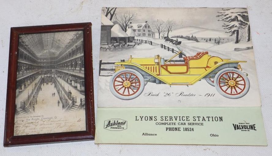 Group of 2 Ashland Oil Products 1958 Wall Calendar, and 1905 The Cleveland Arcade Framed Postcard (1 of 2)