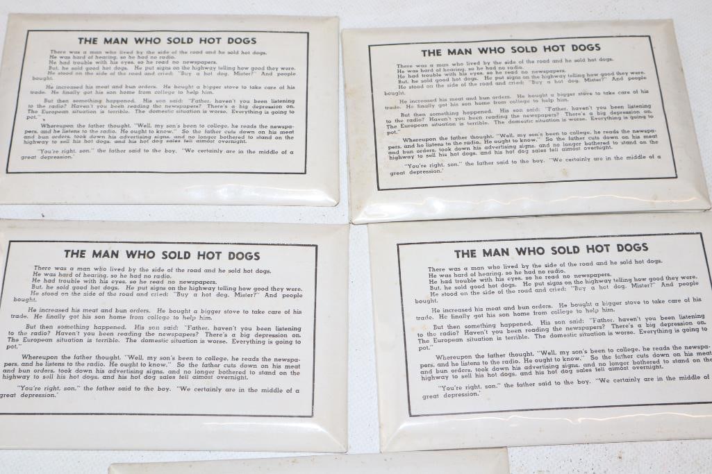 Group of 6 The Man Who Sold Hot Dogs Tin Over Cardboard Easelback Scioto Sign (1 of 3)