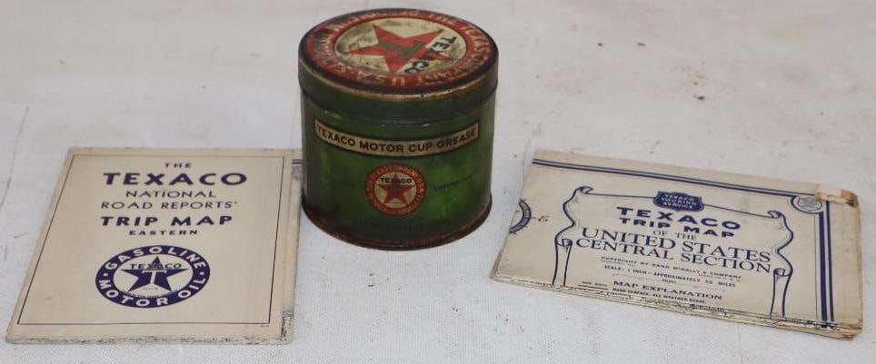 Group of 3 Early Texaco One Pound Grease Can, and 1930's Gas Station Road Maps (1 of 2)