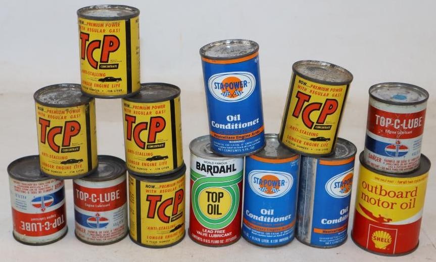 Group of 13 Bardahl, Amoco, TCP, Sta-Power, and Shell Outboard Top Oil Cans (1 of 2)