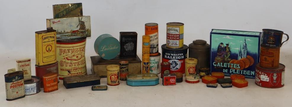 Group of 40 Household Advertising Tins: Largest is 6.5" x 6.5" x 7"
