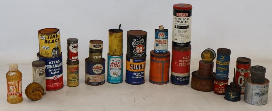 Group of 26 AutoMobil Related Advertising Oil, Grease, and Tire Repair Tins (1 of 5)