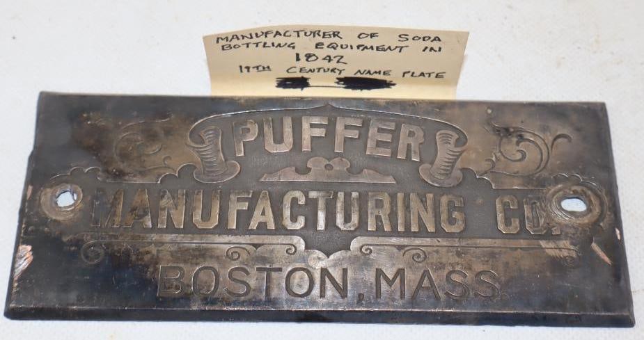 1842 Puffer Soda Manufacturing Company Engraved Nameplate: 7" x 3"
