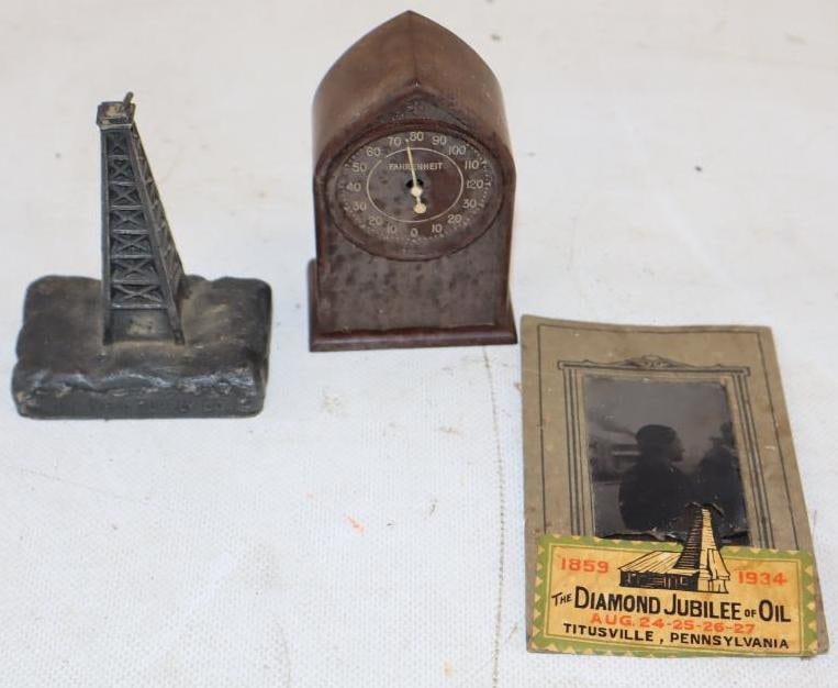 Group of 3 Oil Well Supply Company, 1932 Oil Derek Thermometer, and 1934 Diamond Jubilee of Oil: Largest is 4" x 3"