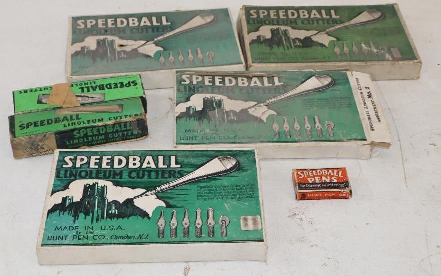 Group of 7 Speed Ball Linoleum Cutters, and Pens in Original Boxes: Largest is 8" x 5.5" x 1"