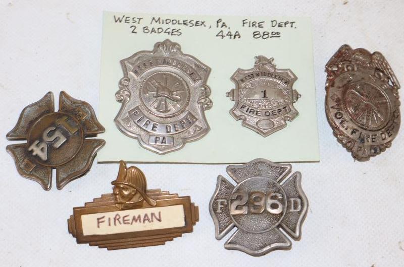 Group of 6 Fire Department Badges: Largest is 1.5" x 2.25"