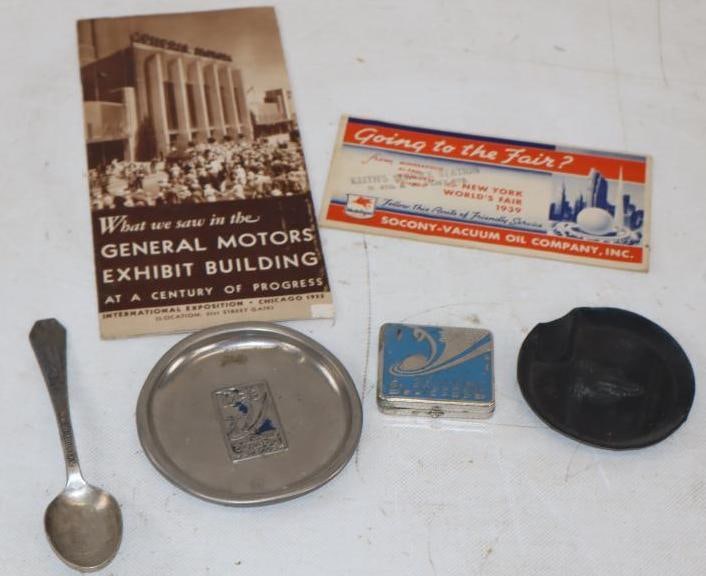Group of 6 1933 Worlds Fair Century of Progress Spoon, Makeup Compact, Ash Trays, Ink Blotter, and (1 of 3)