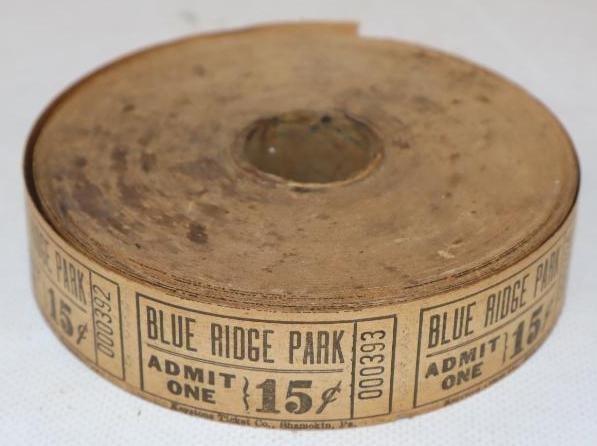 Roll of Unused Blue Ridge Park 15 Cent Admission Tickets: 4" x 4" x1"