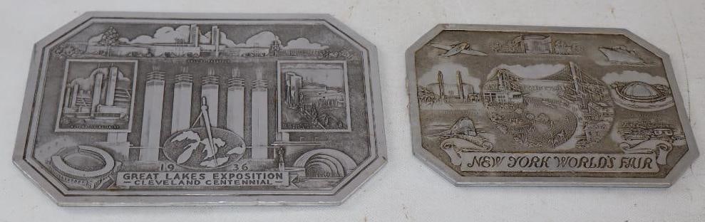 Group of 2 New York World Fair, and Great Lakes Exposition Foil Over Cardboard Advertising Souvenirs: Largest is 10" x 7"