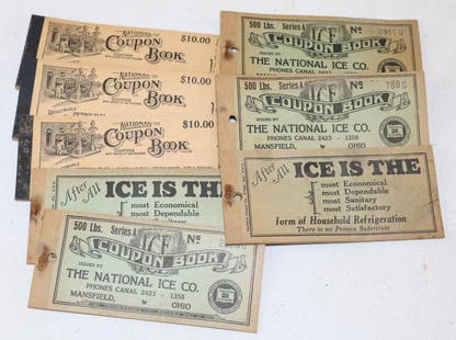 Group of 8 500lb National Ice and Octagon Service Station Petroleum Product Coupon Books: 5.5" x 2" each