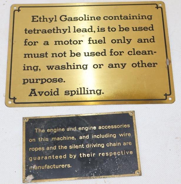 Group of 2 Ethyl Gas, and Engine Brass Warning Signs (1 of 2)