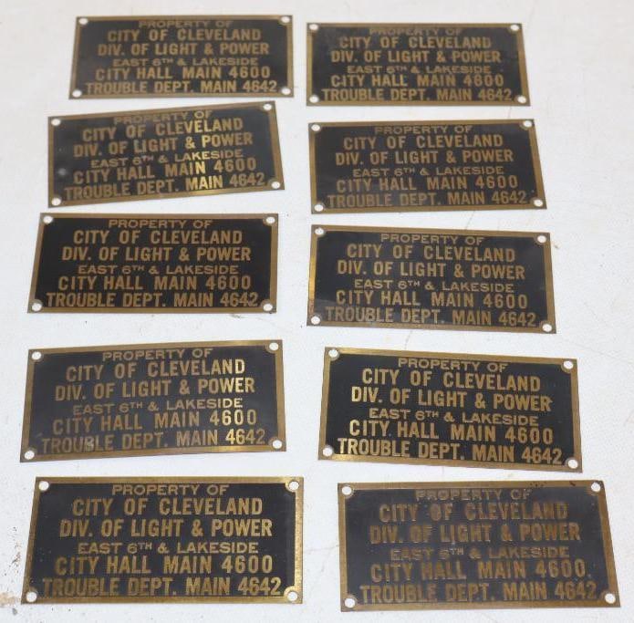 Group of 10 City of Cleveland Division of Light and Power Brass Tags: 4" x 2" each
