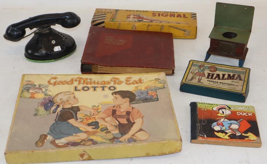 Group of 7 Childrens Records, Games, Train, and Tin Litho Toys: Largest is 13.5" x 10" x 1"