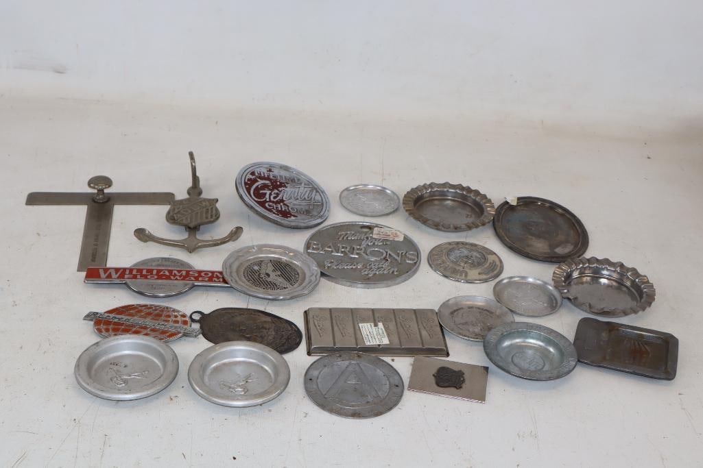 Group of 22 Advertising Trays, Paperweights, Name Emblems, and Ash Tray: Largest is 5.5" x 5.5"