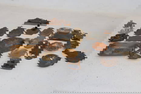 Group of 23 Brass, Copper, and Metal Advertising Paperweights, Ash Trays, and Jewelry Box: Largest is 6.5" x 5"