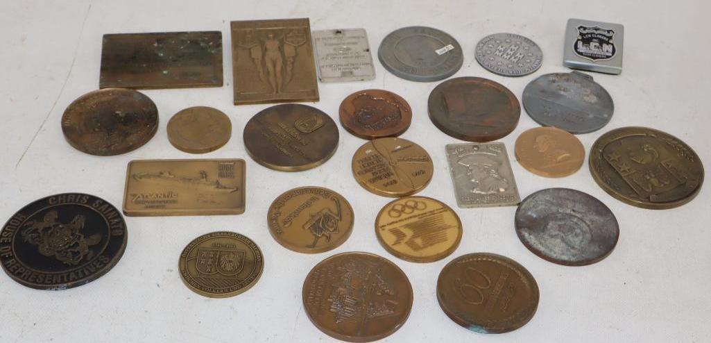 Group of 24 Brass, Copper, and Metal Paperweights: Largest is 4" x 3"