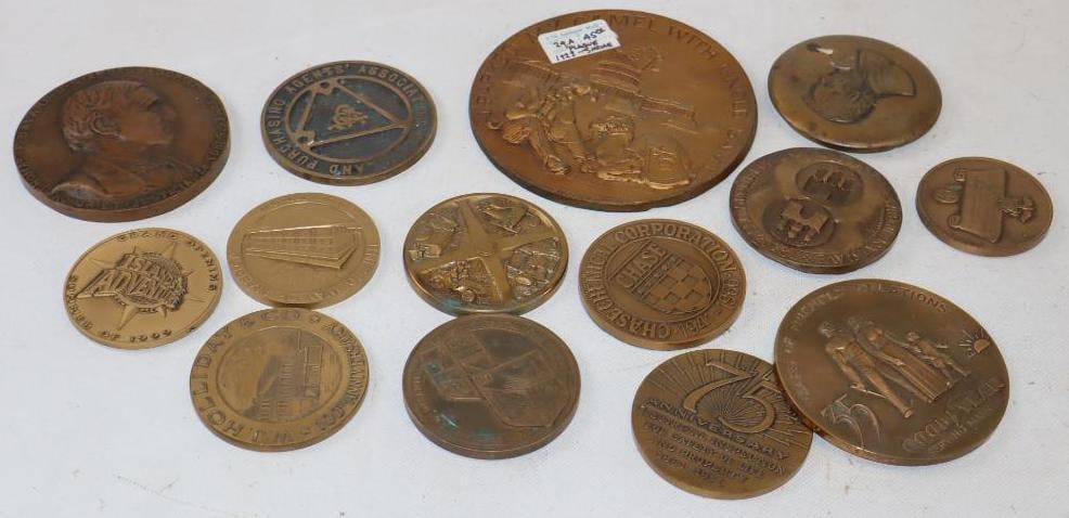 Group of 14 Brass Advertising Paperweights: Largest is 5.5" x 5.5"